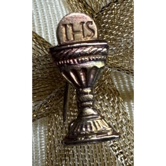 Vintage Italian Gold Chalice Pin Brooch With IHS Inscription - Teenie Tiny - Picture 2 of 10